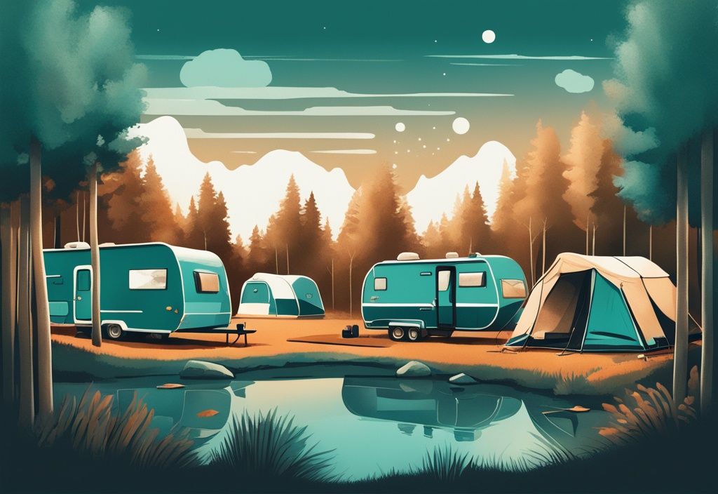 Digitale Illustration mit Teal-Farbschema, die eine malerische Collage der 5 besten Campingplätze in Niedersachsen zeigt, mit einzigartiger Schönheit und Annehmlichkeiten der Top-Campingorte.